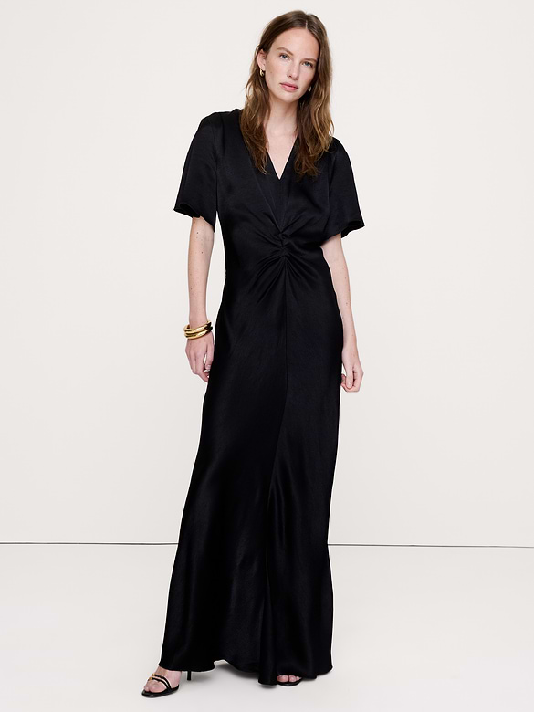 Hammered Satin Flutter-Sleeve Dress