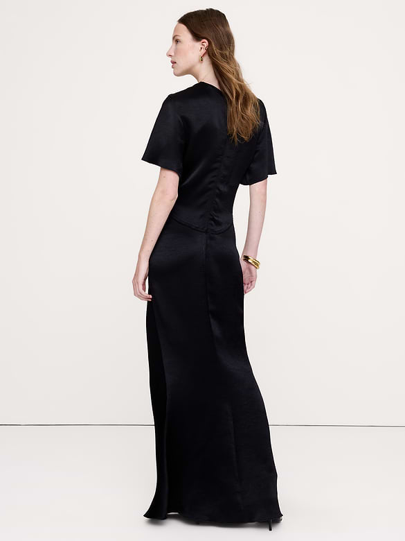 Hammered Satin Flutter-Sleeve Dress