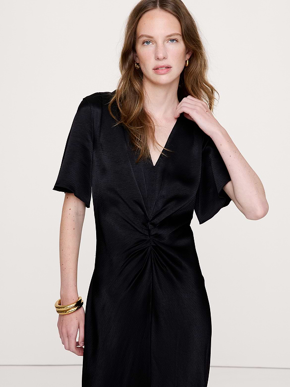 Hammered Satin Flutter-Sleeve Dress