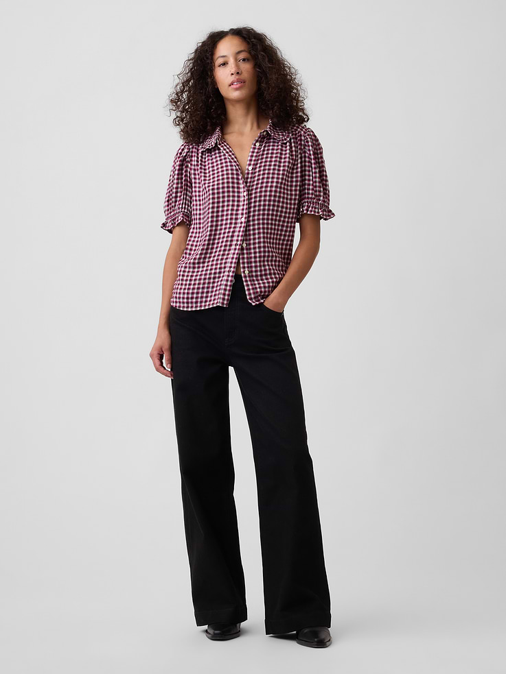 Image 3 of 5, Puff Sleeve Flannel Shirt