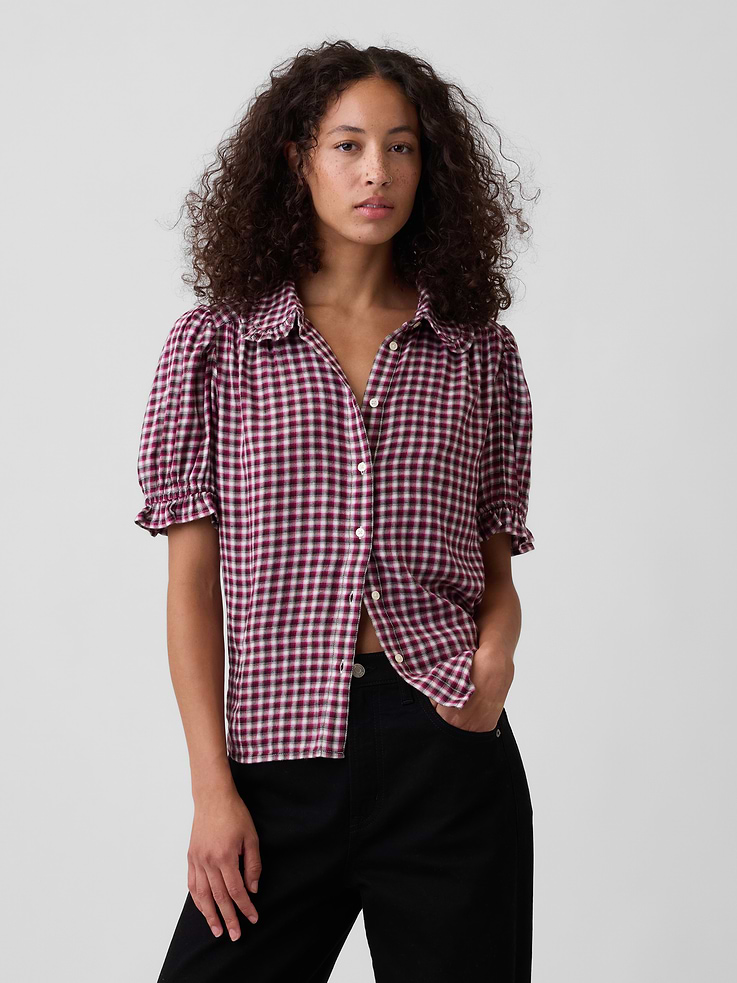Image 1 of 5, Smooth flannel weave., Short puff sleeves with elasticized cuffs., Ruffle trim at spread collar, button front., Select styles have allover plaid., Product #1178550