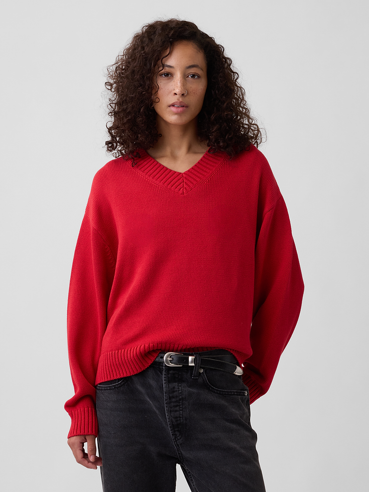 Image 1 of 5, Soft cotton knit., Dropped shoulder, long balloon sleeves with ribbed cuffs., Ribbed V-neck., Ribbed hem., Select styles have allover stripes., Product #1177186
