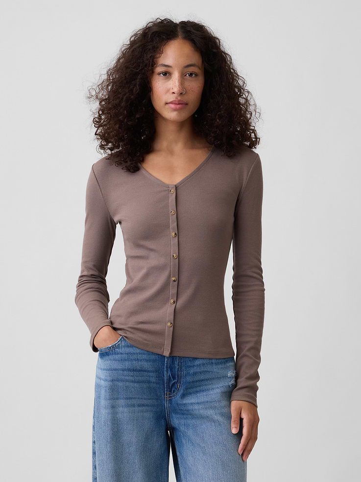 Image number 1 showing, Fitted Ribbed V-Neck Top