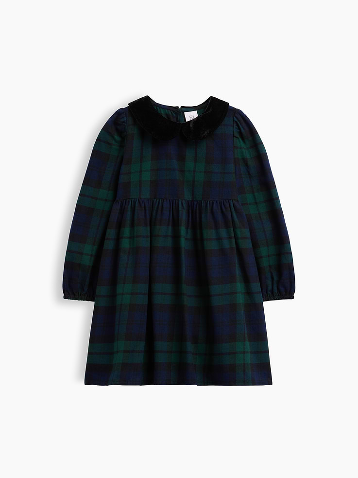 Image 1 of 3, Smooth flannel weave., Long sleeves with elasticized cuffs., Velvet Peter Pan collar, keyhole with button closure at back., Shirring at waist., Allover plaid., Product #1186983