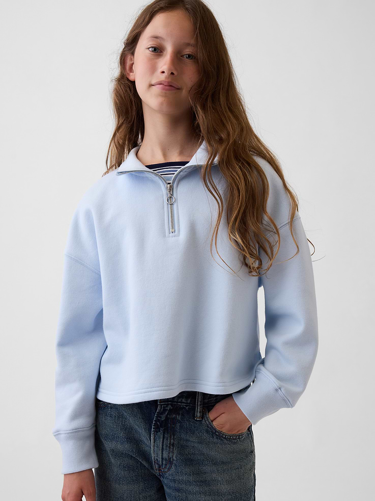 Image 1 of 6, Soft cotton-blend fleece pullover sweatshirt. In an oversized, boxy fit and slightly cropped length., Mockneck with quarter-zip closure., Long sleeves with drop shoulders and banded cuffs., Made with 52% Protocol cotton verified by the U.S. Cotton Trust Protocol, a program which works with farms committed to improving their environmental footprint by minimizing water usage and improving soil health (Claim No. 10127)., Made with 23% recycled polyester. Compared to virgin materials, using recycled materials helps reduce resource use and waste., Product #1182061