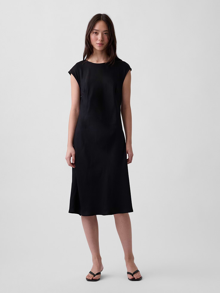 Image 1 of 5, Smooth rayon knee-length dress., Round neck with loop button keyhole closure at back., Cap sleeves., Darts at bust., Bias cut., Product #1183782