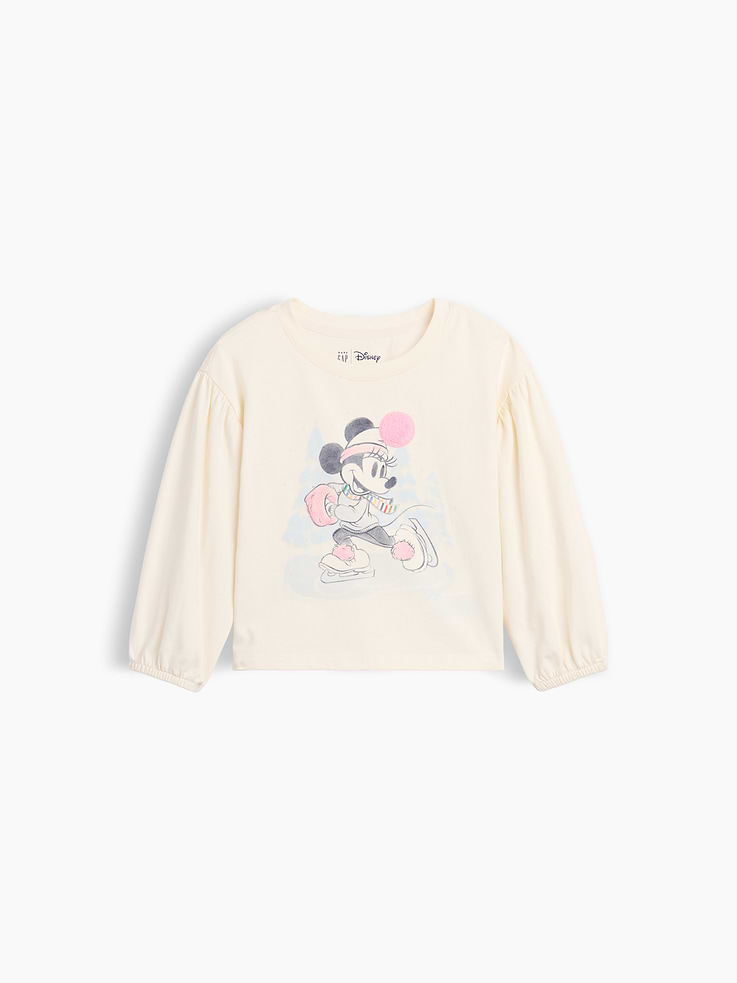 Image 1 of 2, Gap and Disney. Two timeless American brands. One collection that celebrates Mickey Mouse and Minnie Mouse., Soft cotton jersey T-shirt., Crewneck., Long bubble sleeves with elasticized cuffs., Minnie Mouse graphics at front., Product #1185574