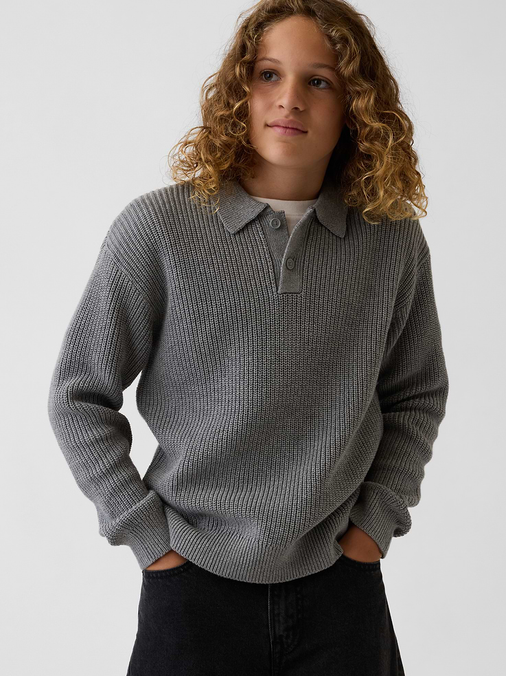 Image 1 of 5, Soft knit cotton polo sweater. In a relaxed fit., Spread collar with front button placket., Long sleeves with drop shoulders., Product #909021