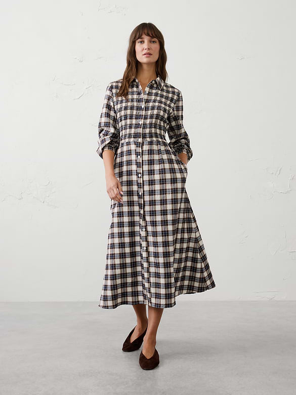 Breezy Plaid Smocked Midi Dress