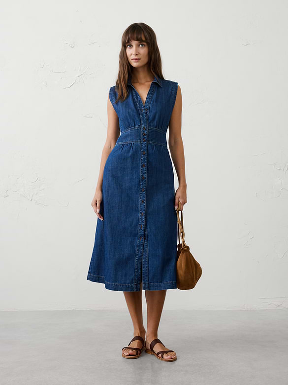 Chambray Collared Button-Down Midi Dress