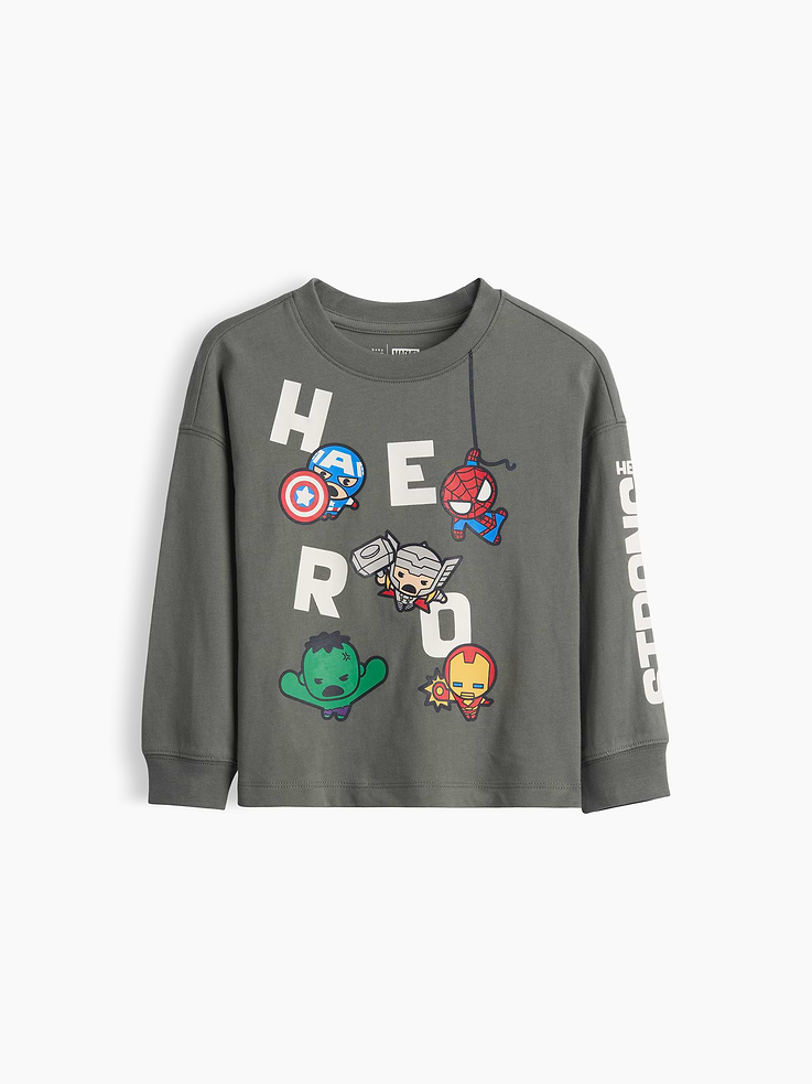 Image 1 of 2, Soft cotton jersey graphic T-shirt., Crewneck., Long sleeves with drop shoulders and banded cuffs., Marvel character graphics at front, back, and sleeve., Product #915339