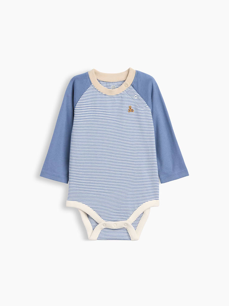 Image 1 of 2, From baby’s first outfit to all their first moments. Our favorite tiny essentials in supersoft, organically grown cotton., Soft cotton jersey bodysuit., Crewneck with snaps at shoulder for easy over-the-head., Long raglan sleeves., Embroidered Brannan Bear at chest., Snaps at inseam for easy dressing and diapering., Colorblock design with stripes., Made with 100% organically grown cotton which is grown without the use of synthetic pesticides and fertilizers., Product #1188311