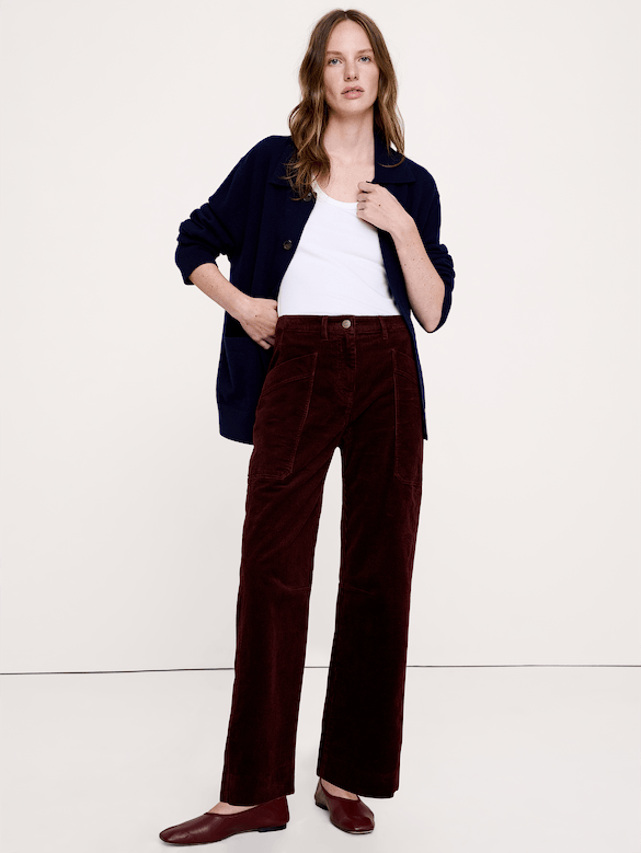 Pantalon droit taille haute extensible en velours côtelé