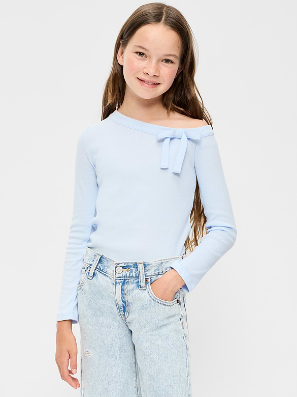 Long-Sleeve Ribbed Off-Shoulder Bow Top for Girls