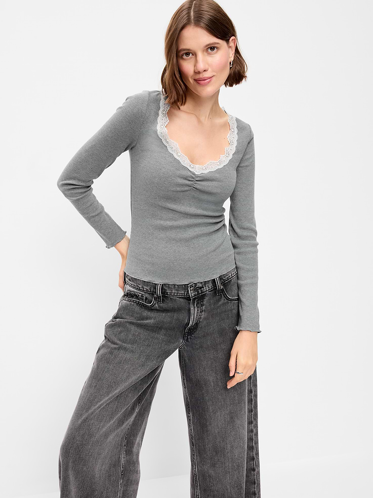 Image 3 of 8, Long-Sleeve Lace Trim T-Shirt