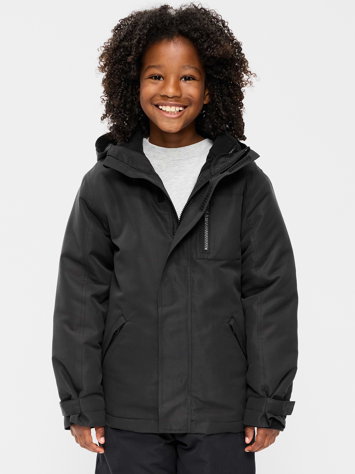 Image 1 of 4, built-in hood, standing collar, long sleeves, adhesive secure-close cuffs, full-length zipper, diagonal zippered chest pocket and hand-warming pockets, interior detachable micro-fleece jacket, water-resistant, Product #908015