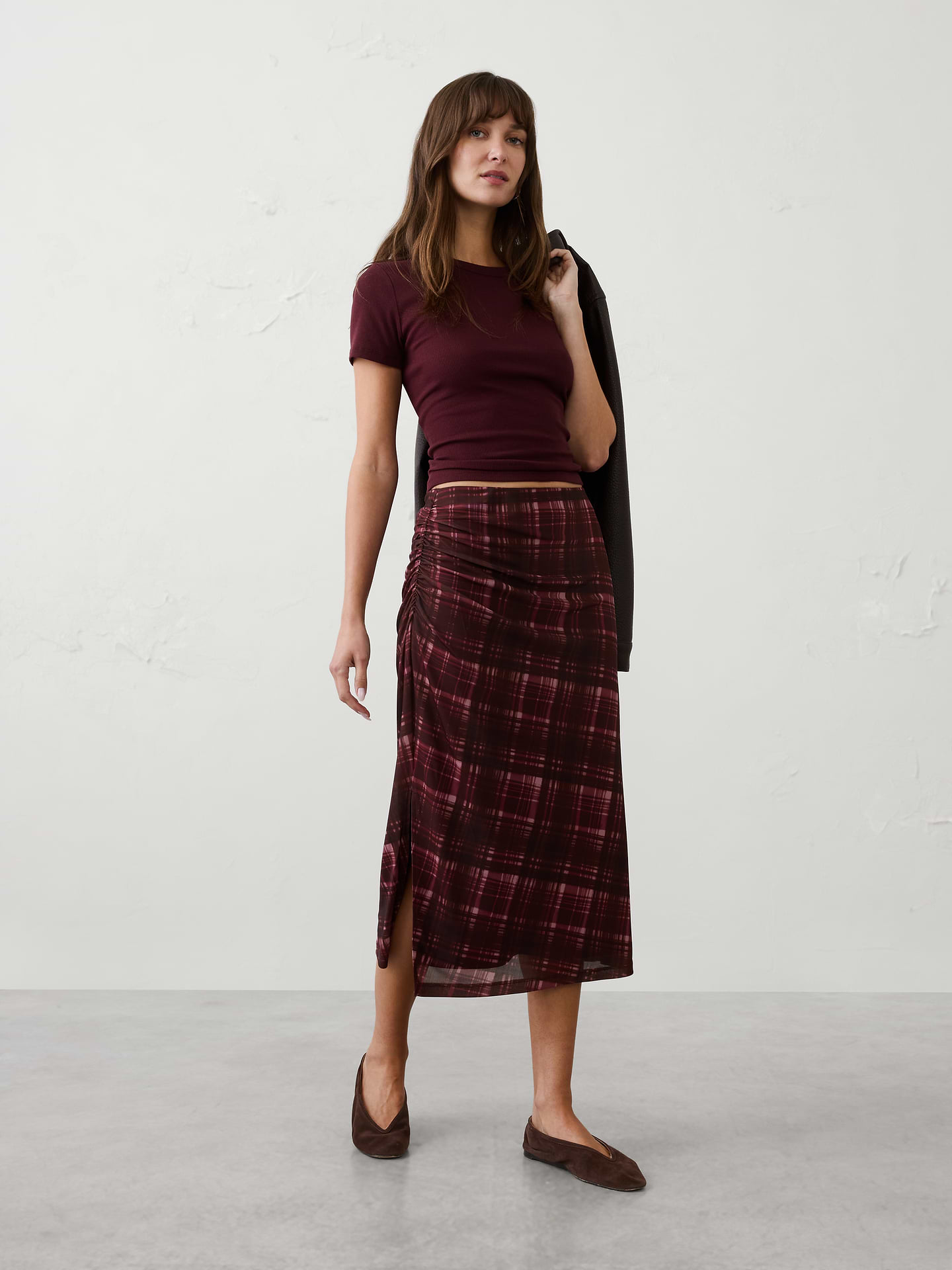 Image number 1 showing, Mesh Side-Shirred Midi Skirt