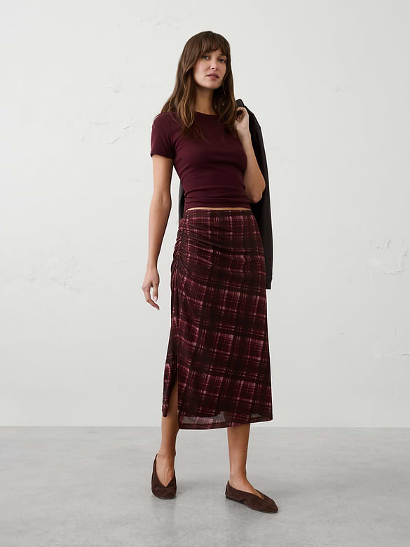 Mesh Side-Shirred Midi Skirt