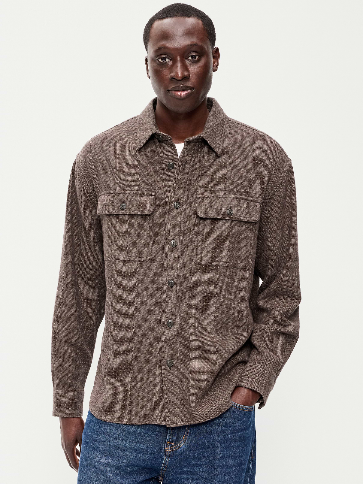 Image 1 of 3, spread collar, long sleeves, full-button front, chest pockets, Product #909789