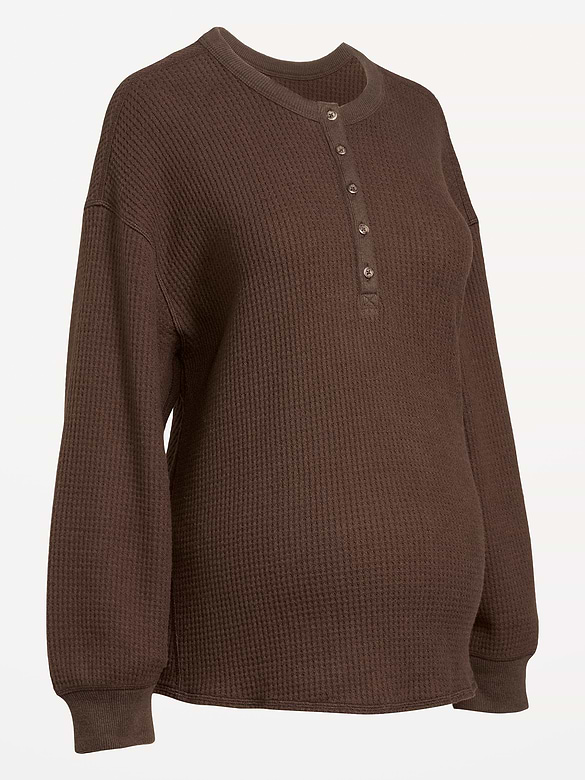 Maternity Long-Sleeve Waffle Knit Henley Top