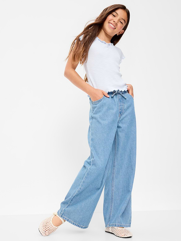 Jean en denim coupe très généreuse à jambe large à taille extensible pour fille