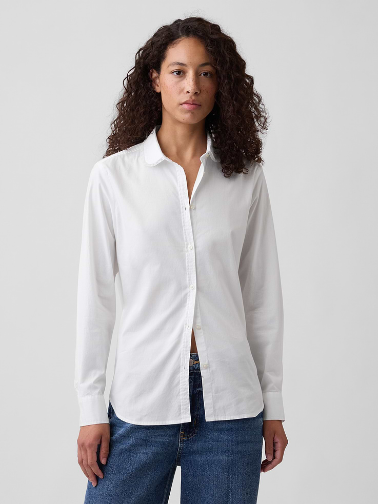 Image 1 of 5, Soft cotton knit., Long sleeves with button cuffs., Spread collar with lace trim, button front., Curved shirttail hem., Select styles have allover print or stripes., Product #1182564