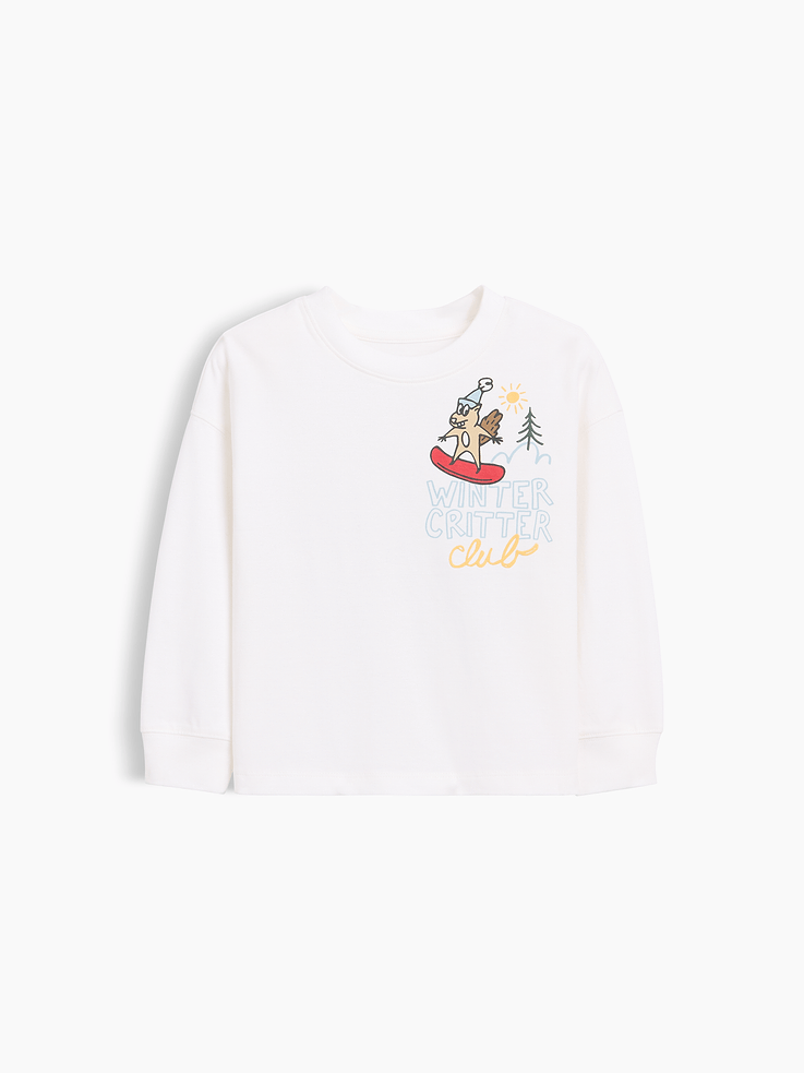 Image 1 of 2, Soft cotton jersey graphic T-shirt., Crewneck., Long sleeves with drop shoulders and banded cuffs., Graphics at front and back., Made with 60% Protocol cotton verified by the U.S. Cotton Trust Protocol, a program which works with farms committed to improving their environmental footprint by minimizing water usage and improving soil health (Claim No. 10127)., This product was made in a factory that invests in gender equity and women’s empowerment through RISE. Learn more at gapinc.com/equity ., Product #1185376