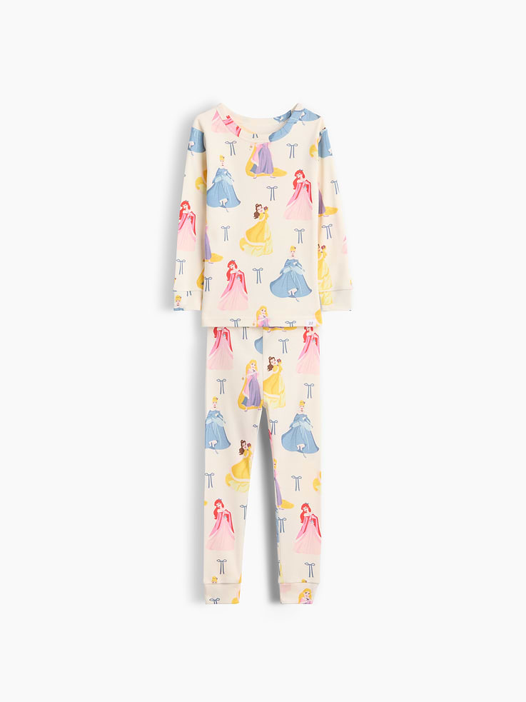 Image 1 of 2, Characters for your little characters. Making every day more special., Soft cotton jersey pajama top and pants PJ set with a cozy brushed interior., Crewneck., Long sleeves., Elasticized waist at PJ pants., Banded cuffs., Allover Disney princess print., Made with 100% organically grown cotton which is grown without the use of synthetic pesticides and fertilizers., Our comfiest PJs—now softer than ever. Cozy brushed cotton on the inside. All their favorite prints & colors on the outside., Product #1186432