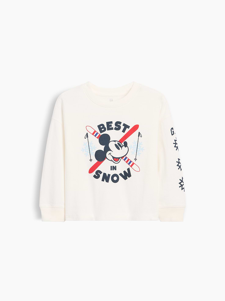Image 1 of 2, Characters for your little characters. Making every day more special., Soft cotton jersey graphic T-shirt., Crewneck., Long sleeves with drop shoulders and banded cuffs., Disney character graphics at front, back, and sleeve., Made with 60% Protocol cotton verified by the U.S. Cotton Trust Protocol, a program which works with farms committed to improving their environmental footprint by minimizing water usage and improving soil health (Claim No. 10127)., Product #915312