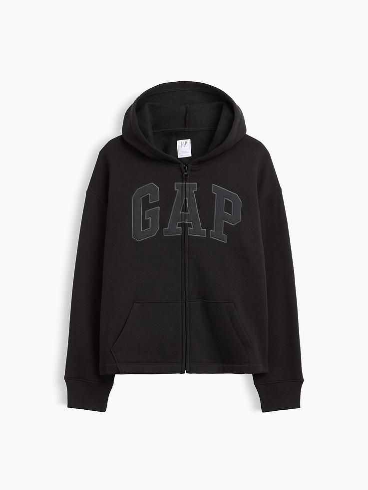 Image 1 of 3, This product is made with/contains 23% recycled polyester. Compared to virgin materials, using recycled materials helps reduce resource use and waste., Soft, comfy fleece., Long sleeves with banded cuffs., Hood, zip front (black and red styles have logo at hood)., Gap logo at front., Kanga pockets., Product #1189125