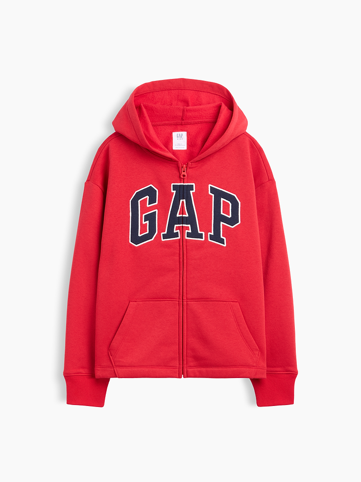 Image 1 of 3, This product is made with/contains 23% recycled polyester. Compared to virgin materials, using recycled materials helps reduce resource use and waste., Soft, comfy fleece., Long sleeves with banded cuffs., Hood, zip front (black and red styles have logo at hood)., Gap logo at front., Kanga pockets., Product #1189125