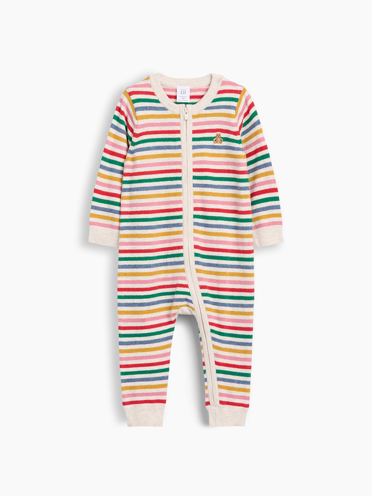 Image 1 of 2, Our bestselling fabric that feels cashmere-soft. Crafted in a midweight plush yarn. Refined with a special brushed technique. It's everyday luxury., Supersoft knit cotton-blend sweater one-piece., Crewneck., Long sleeves., Zipper front., Embroidered Brannan Bear at chest., Happy Stripe print., Banded rib cuffs., This product was made in a factory that invests in gender equity and women’s empowerment through RISE. Learn more at gapinc.com/equity ., Product #1184746
