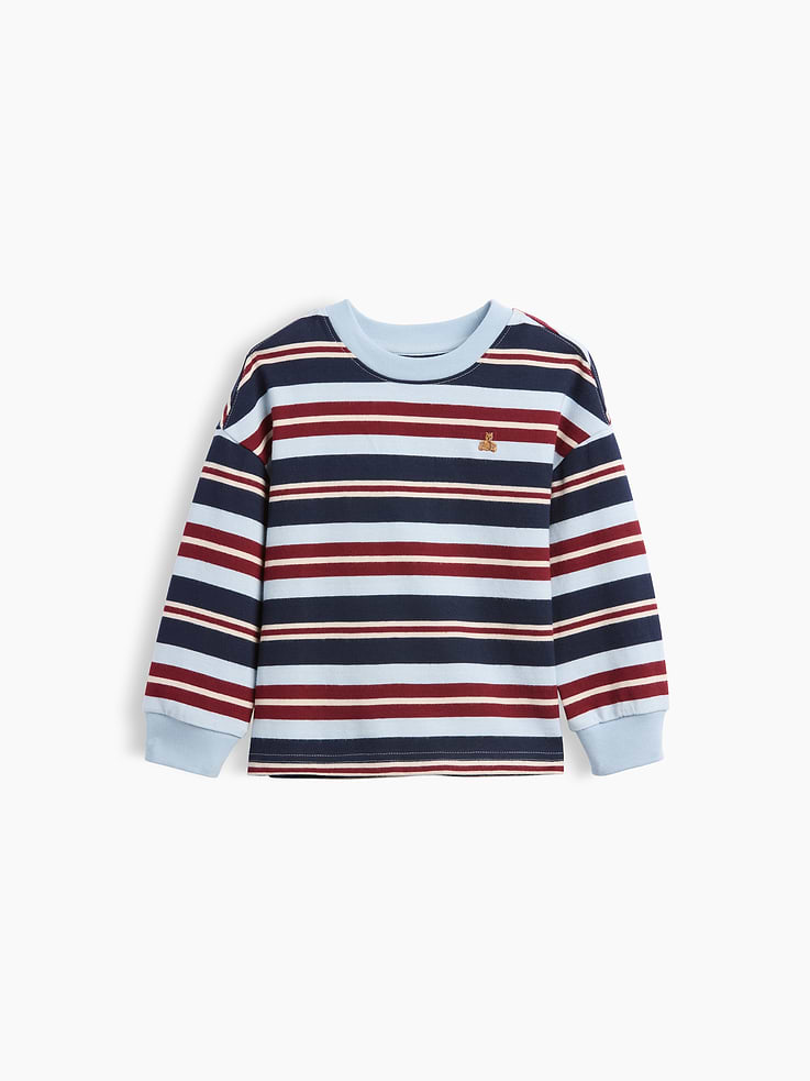 Image 1 of 2, Soft heavyweight cotton jersey T-shirt., Crewneck., Long sleeves with drop shoulders and banded cuffs., Embroidered Brannan Bear at chest., Certain styles have allover stripes., This product was made in a factory that invests in gender equity and women’s empowerment through RISE. Learn more at gapinc.com/equity ., Product #844107