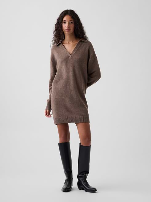 gap brown sweater dress CashSoft Oversized Polo Mini blend sweater dress