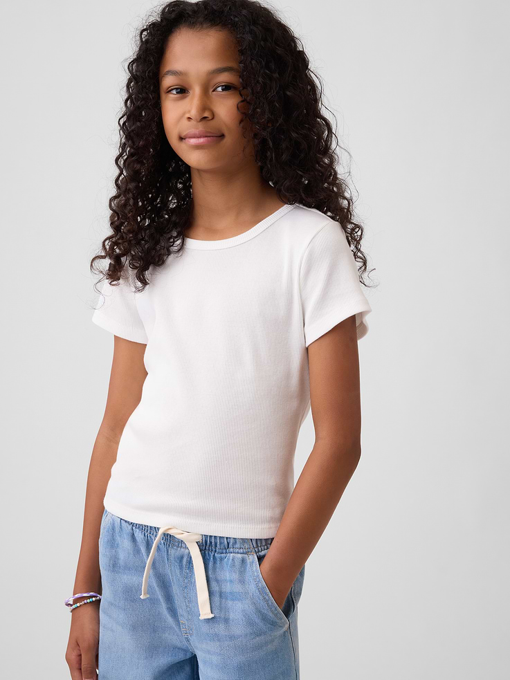 Image 1 of 4, Soft ribbed knit., Short sleeves., Crewneck., This product was made in a factory that invests in gender equity and women’s empowerment through RISE. Learn more at, Product #1173219