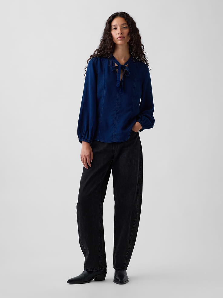 Image number 2 showing, Denim Seamed Tie-Neck Shirt