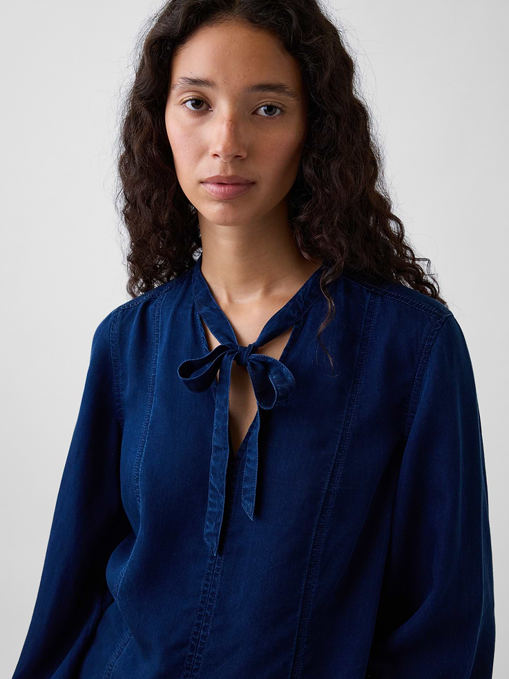 Image number 4 showing, Denim Seamed Tie-Neck Shirt