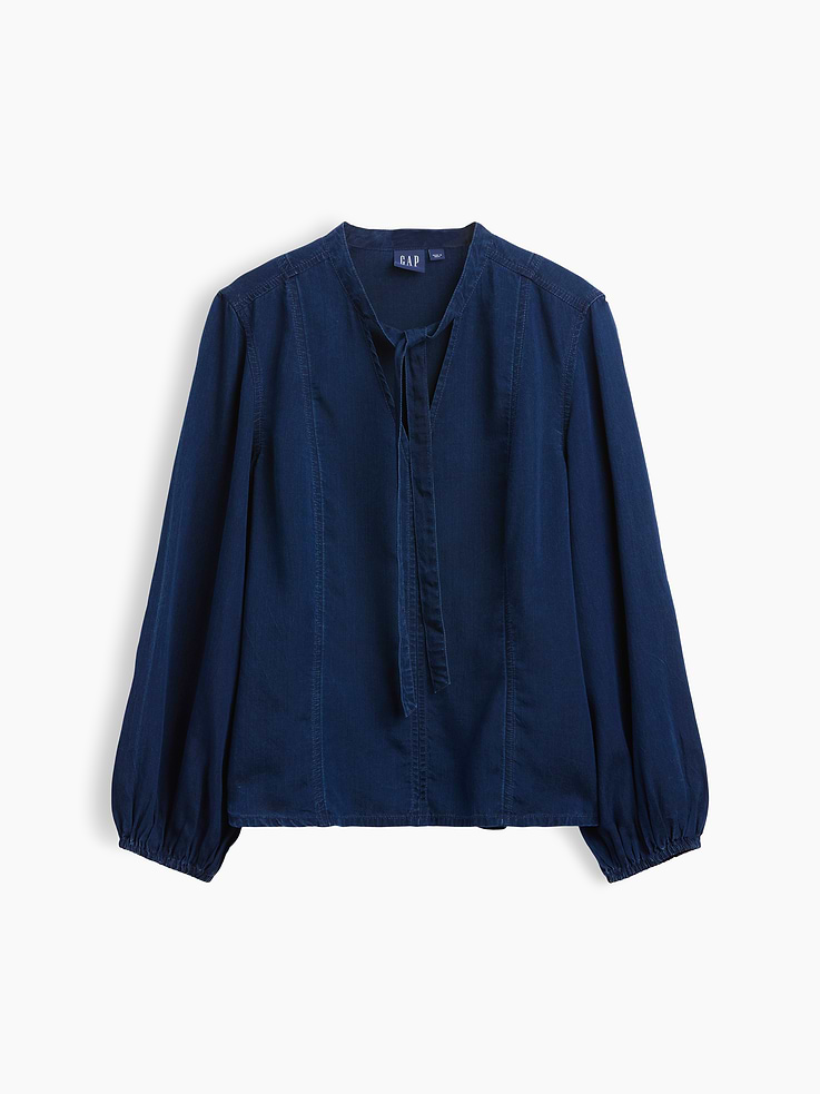 Image number 5 showing, Denim Seamed Tie-Neck Shirt