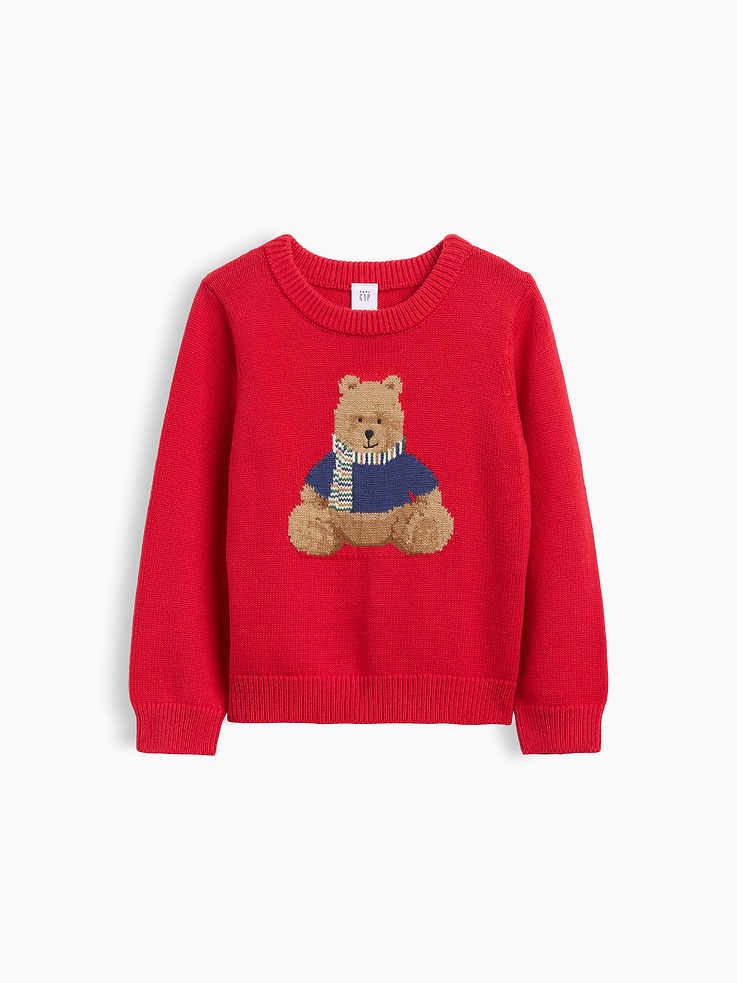 Image 1 of 2, Soft knit cotton-blend sweater., Crewneck., Long sleeves., Ribbed cuffs and hem., Assorted colors, graphics, and prints., Certain styles have embroidered Brannan Bear at chest., Made with 20% recycled polyester. Compared to virgin materials, using recycled materials helps reduce resource use and waste., Note: Styles with dinosaur, firetruck, & football graphics are made with 100% Cotton., Product #906354