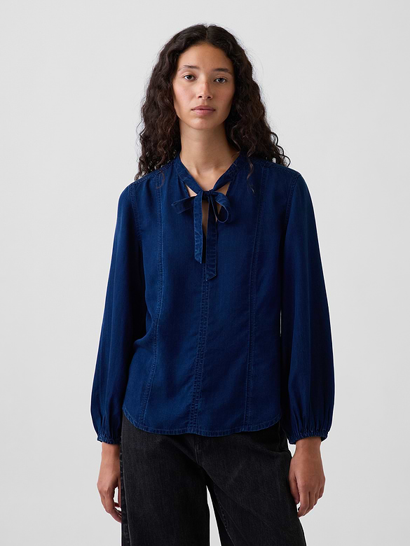 Denim Seamed Tie-Neck Shirt