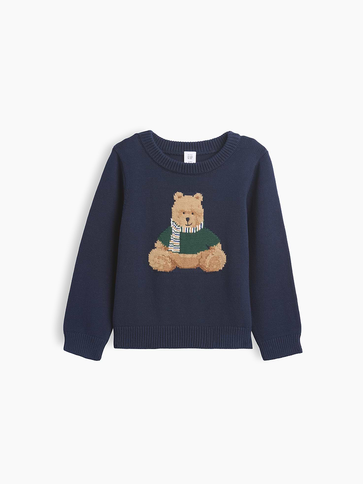 Image 1 of 2, Soft knit cotton-blend sweater., Crewneck., Long sleeves., Ribbed cuffs and hem., Assorted colors, graphics, and prints., Certain styles have embroidered Brannan Bear at chest., Made with 20% recycled polyester. Compared to virgin materials, using recycled materials helps reduce resource use and waste., Note: Styles with dinosaur, firetruck, & football graphics are made with 100% Cotton., Product #906354