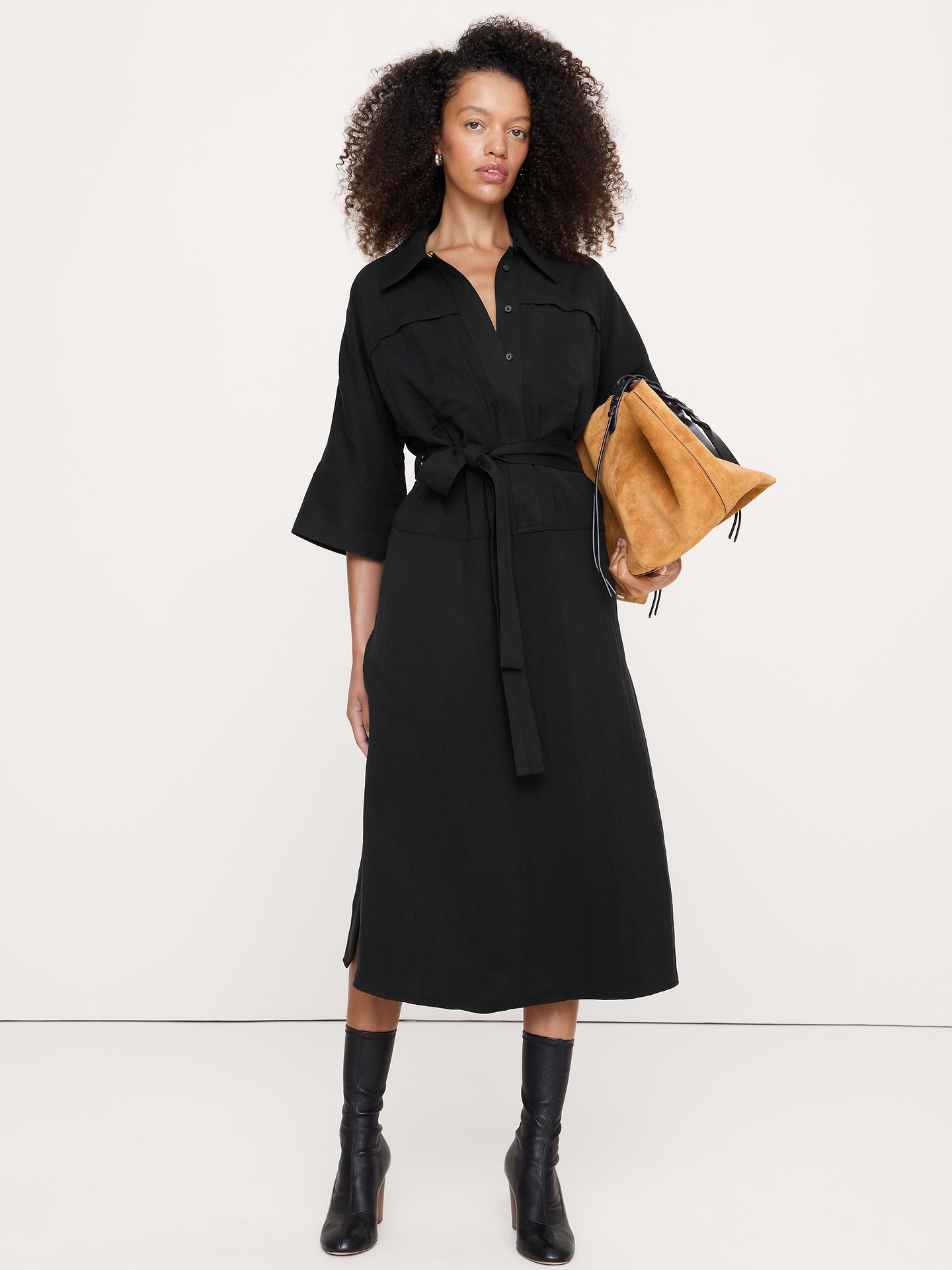 Image 1 of 8, Our drapey twill gives this midi shirt dress a polished feel without sacrificing an ounce of comfort., Fit & Flare: Relaxed through chest and shoulders, fitted waist with a flare skirt., Point collar with a button-front closure., Tie waist., Side pockets., Unlined., Product #1180137