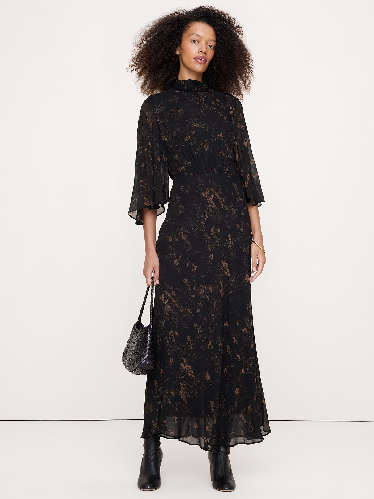 Georgette Flutter Cape-Sleeve Midi Dress