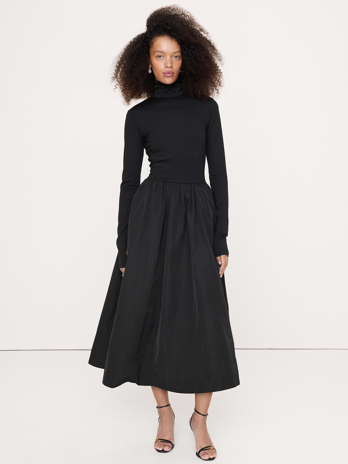 Jersey + Taffeta Turtleneck Maxi Dress