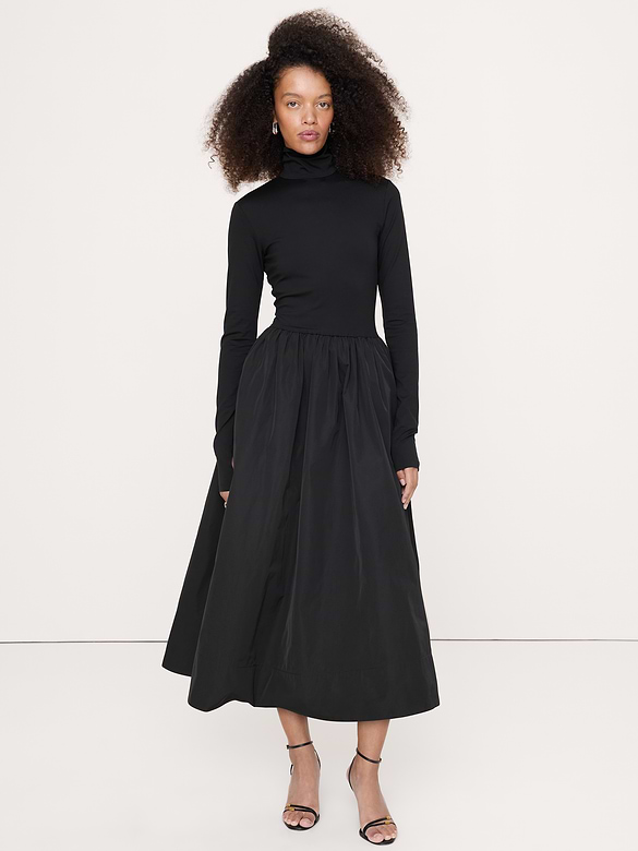 Jersey + Taffeta Turtleneck Maxi Dress