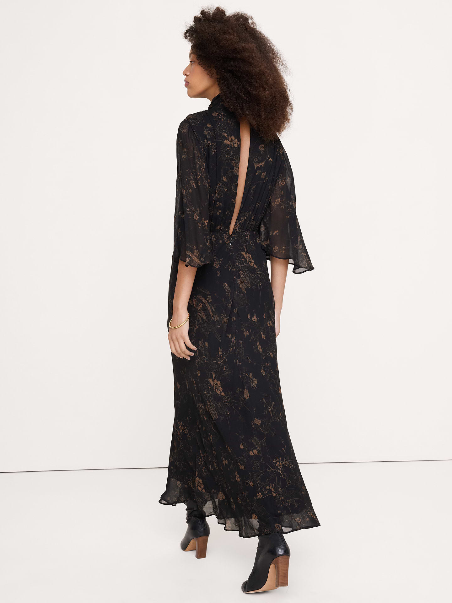 Image 3 of 7, Georgette Flutter Cape-Sleeve Midi Dress