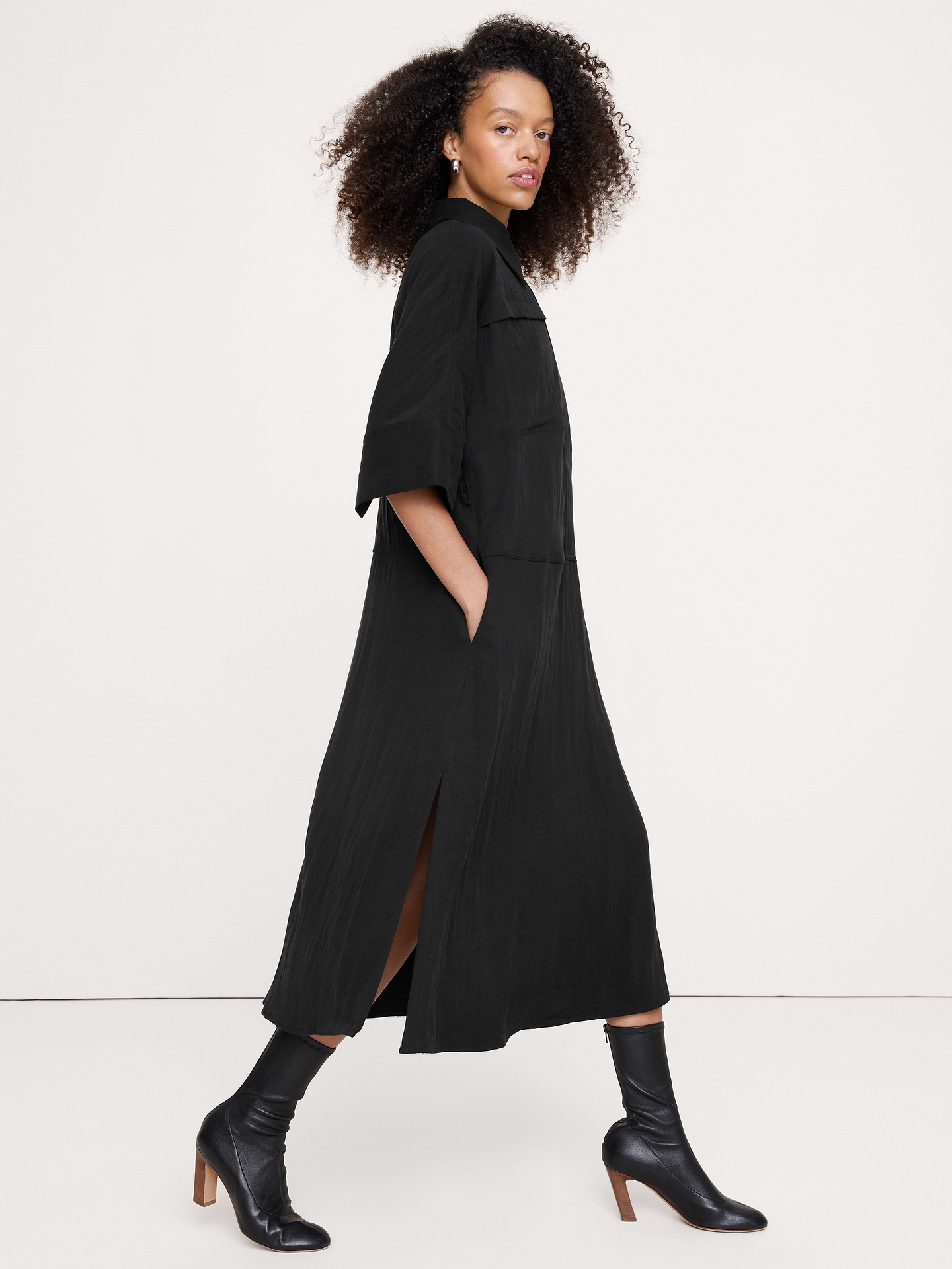 Image 4 of 8, Drapey Twill Belted Midi Shirt Dress
