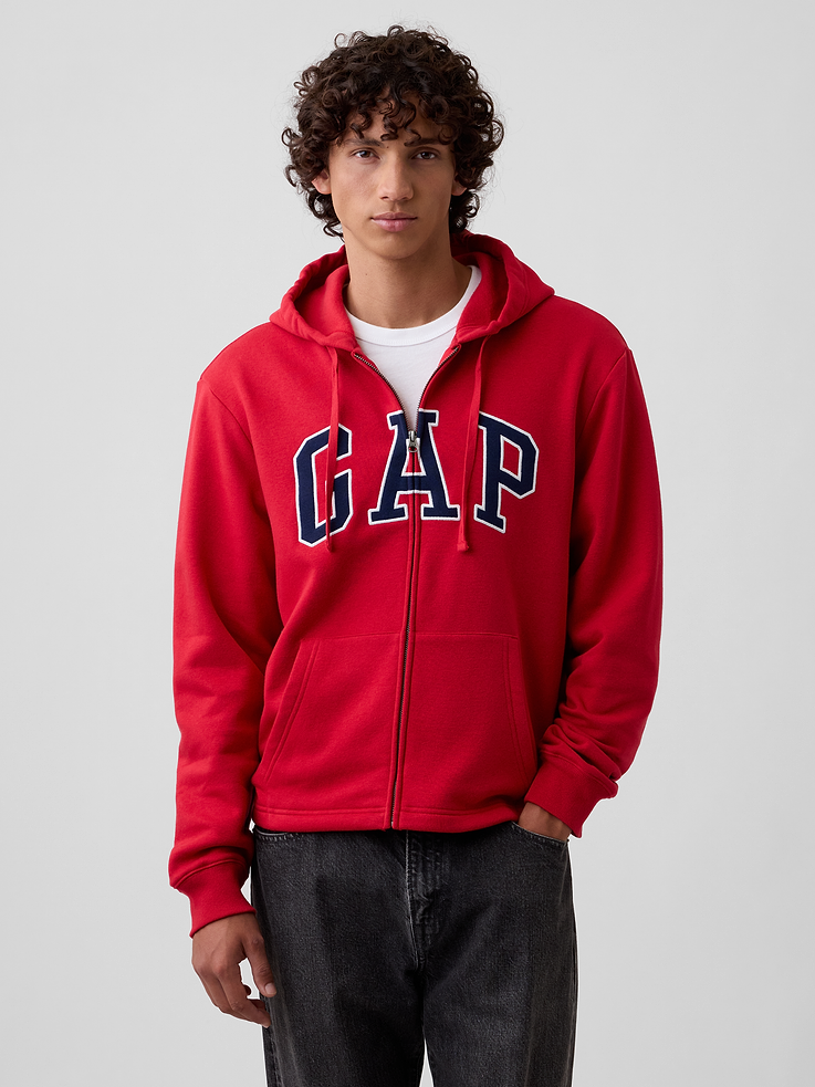 Image 1 of 4, This product is made with/contains 23% recycled polyester. Compared to virgin materials, using recycled materials helps reduce resource use and waste., Soft, comfy fleece., Dropped shoulder, long sleeves with banded cuffs., Drawcord ties at hood, zip front., Gap logo at front., Kanga pockets., This product was made in a factory that invests in gender equity and women’s empowerment through RISE. Learn more at, Product #1188934
