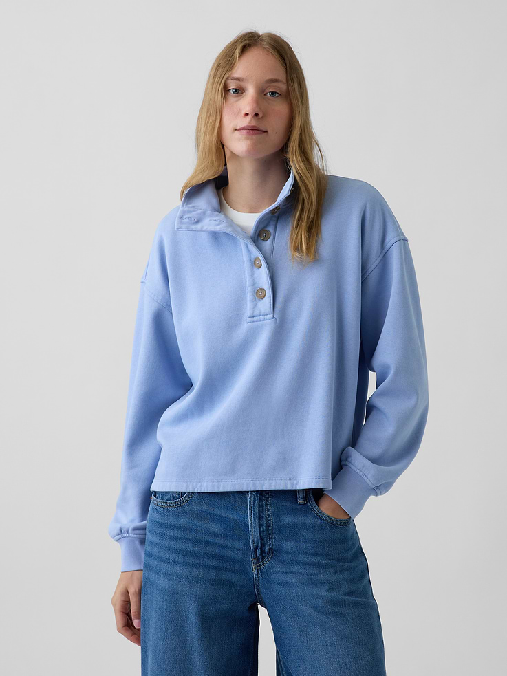Image 1 of 7, Soft cotton-blend fleece Henley pullover. In an ultra oversized fit., Mockneck with front button placket., Long sleeves with drop shoulders., Slit at side hems., Made with 52% Protocol cotton verified by the U.S. Cotton Trust Protocol, a program which works with farms committed to improving their environmental footprint by minimizing water usage and improving soil health (Claim No. 10127)., Made with 23% recycled polyester. Compared to virgin materials, using recycled materials helps reduce resource use and waste., Product #1184831