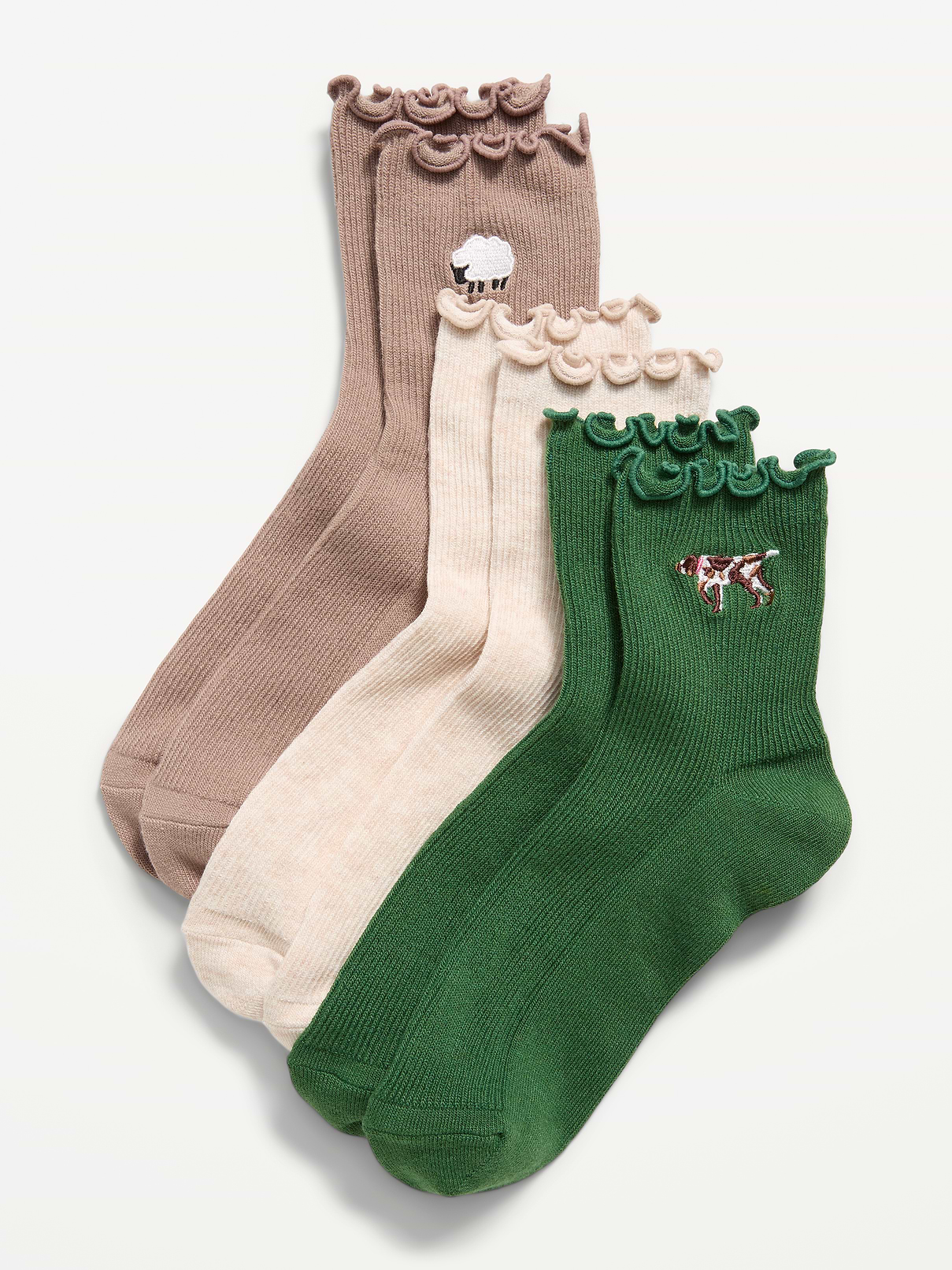Image 1 of 2, includes 3 pairs of socks for women, ruffled openings, notched toe seams, Product #841573